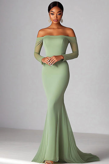 Sexy Sage Hors Épaule Sirène Froncé Robe Longue De Bal Avec Longues Gaines